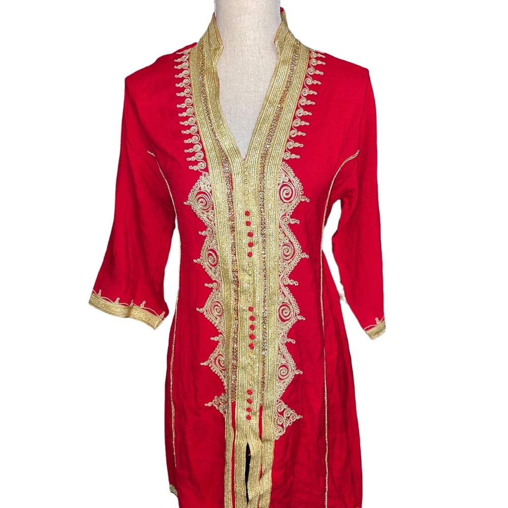 Moroccan Women’s Kaftan Tunic Top Gold Embroidering V… Gem